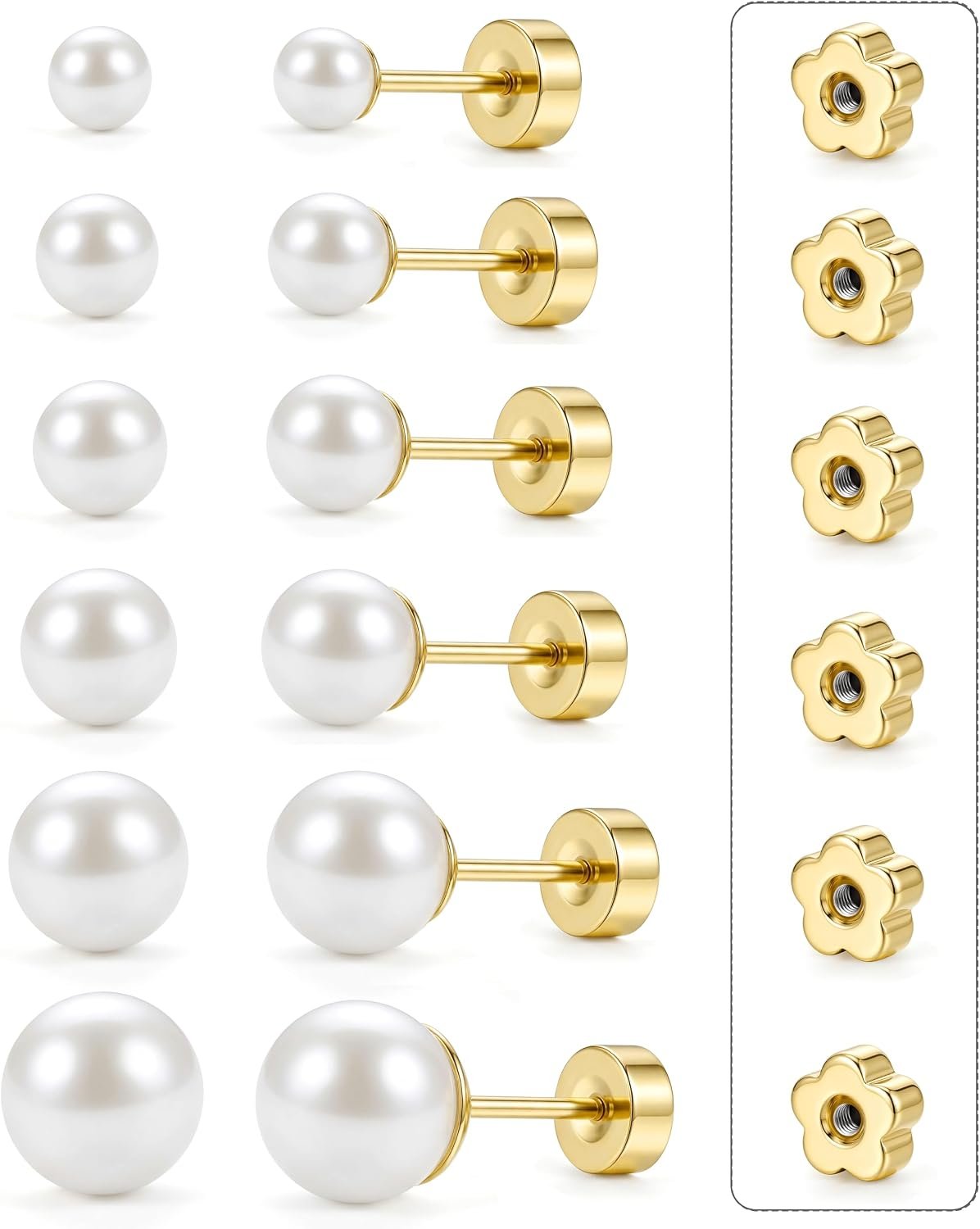 14K Gold Plated Simulated Pearl Earrings for Women Flat Back Stud